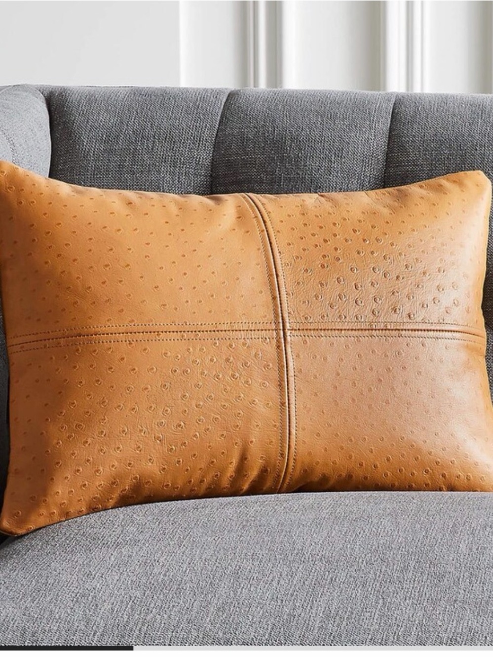 NWOT CB2 Tan Faux Ostrich Leather Lumbar Two Pillows (2) 18x12